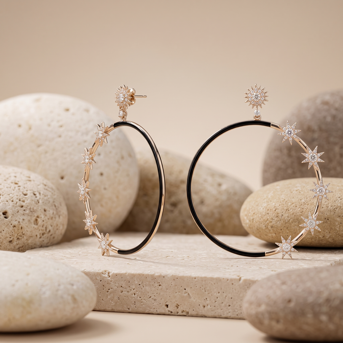 Black Enamel Starburst Hoop Earrings in 14K Yellow Gold