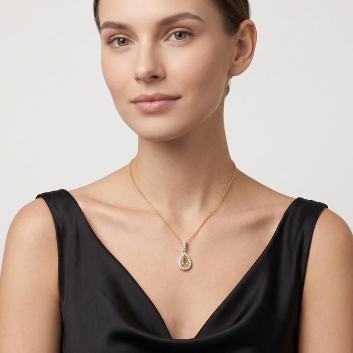 Pear Yellow Diamond Brilliant Halo Necklace in 14K Gold