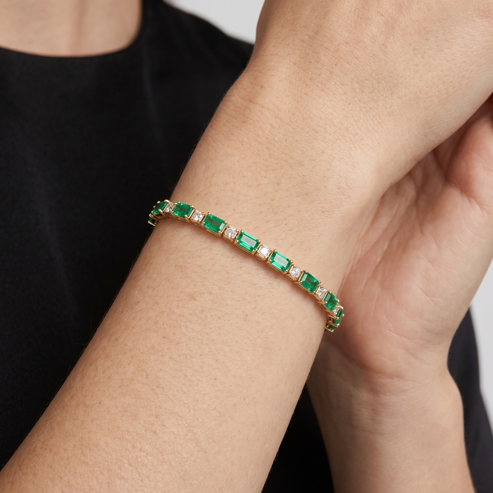 Green Gemstones Diamond Tennis Bracelet in 14K Yellow Gold