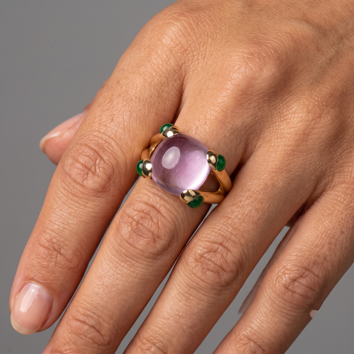 Lavender Chalcedony 14K Emerald Accent Cushion Ring