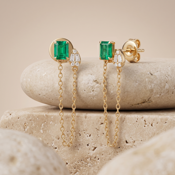 Emerald Cascade Diamond Chain Earrings in 14K Yellow Gold