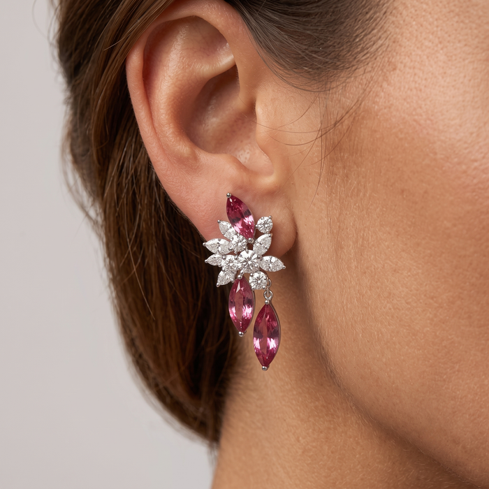 Marquise Ruby Diamond Floral Drop Earrings in 18K White Gold
