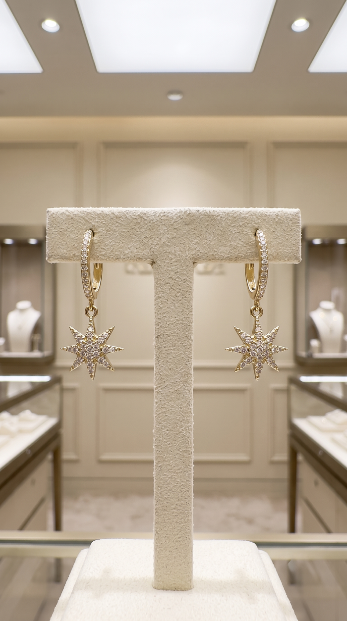 North Star Diamond Drop Huggie Earrings in 14K Yellow Gold