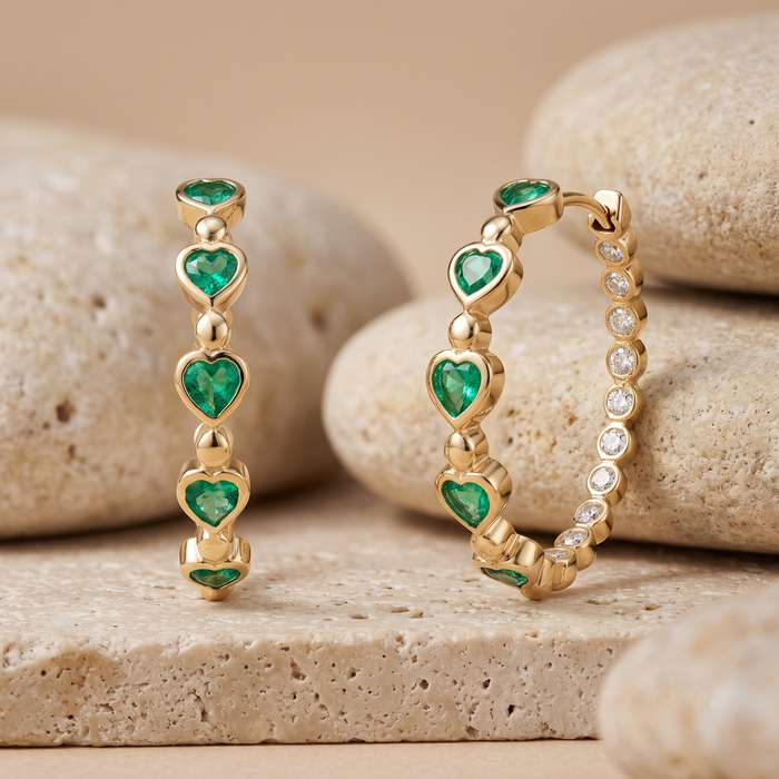 Emerald Embrace Heart Hoop Earrings in 14K Yellow Gold