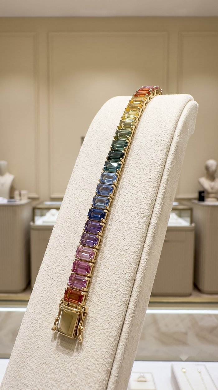 Luxe Prism Emerald-Cut Multicolour Stone 14K Gold Tennis Bracelet