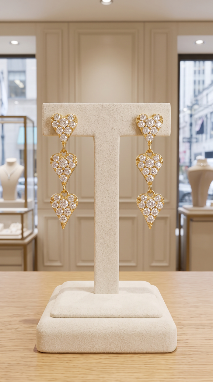 Triple Heart Trail Drop Earrings in 14K Yellow Gold