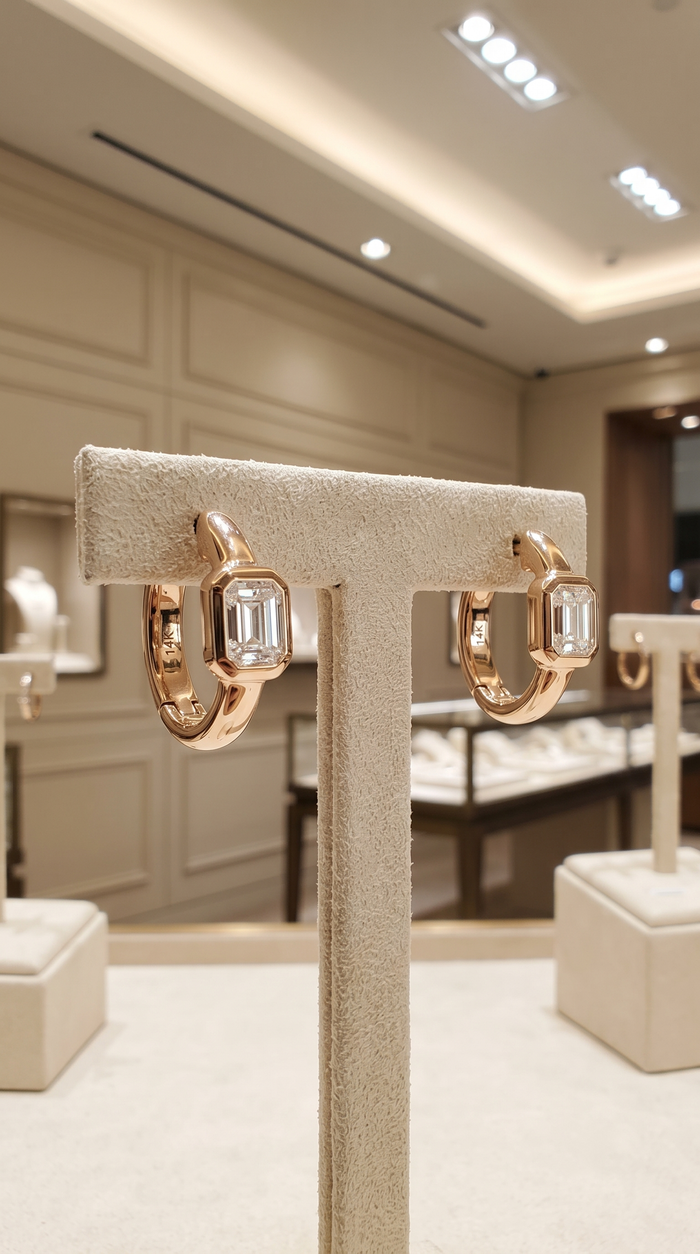 Bezel Emerald Diamond Mini Hoop Earrings in 14K Yellow Gold