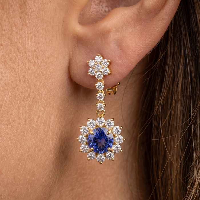 Blue Sapphire Halo Drop Earrings in 14K Yellow Gold