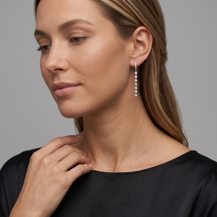 Diamond Huggie Chain Drop Earrings in 14K White Gold