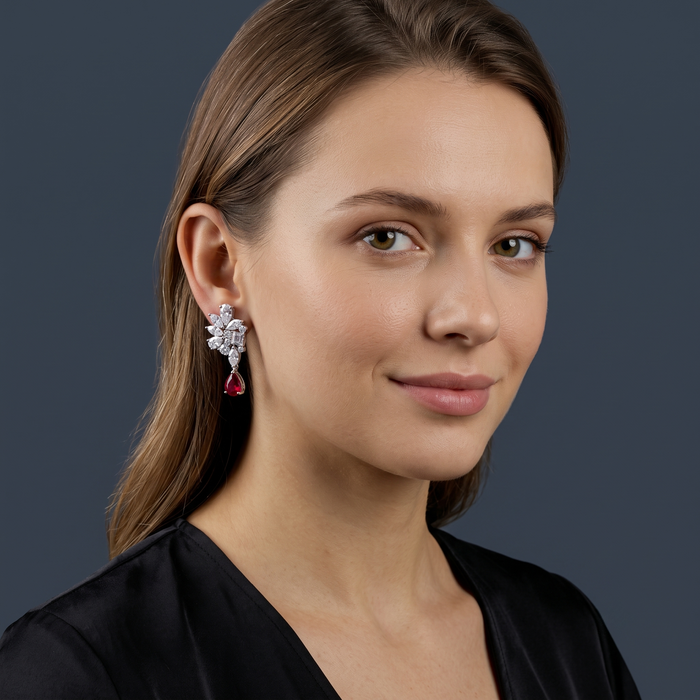 Floral Cluster Diamond Ruby Drop Earrings in 18K White Gold