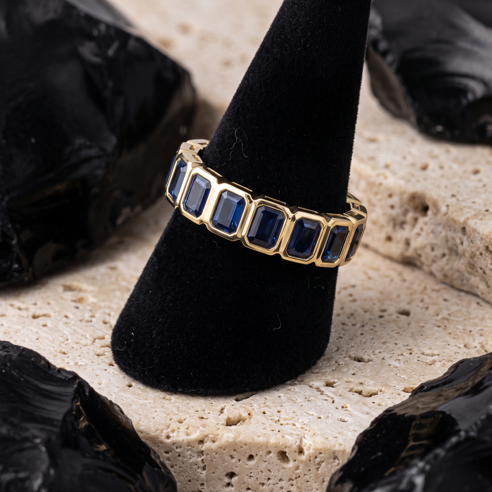 Royal Blue Emerald-Cut Sapphire Eternity Band Ring in 14K Yellow Gold