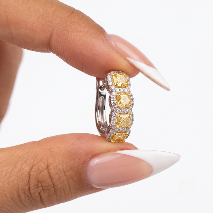 Cushion Cut 18K Yellow Diamond Huggie Hoop Earrings
