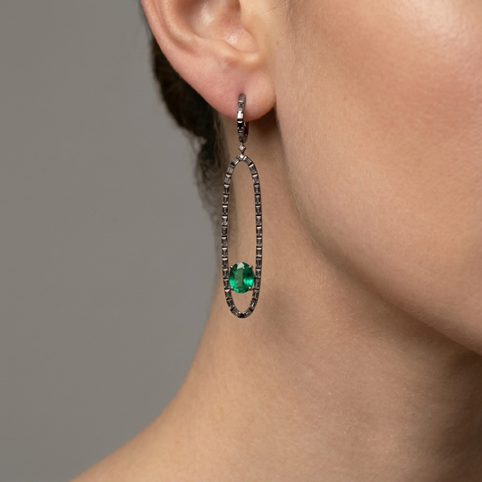 Blackened Oval Drop Green Emerald Earrings in 18K White Gold