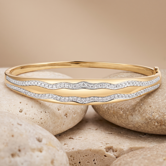 106 Dual Diamond Wave Design 14K (or 18k upon request) Yellow Gold Bangle Bracelet