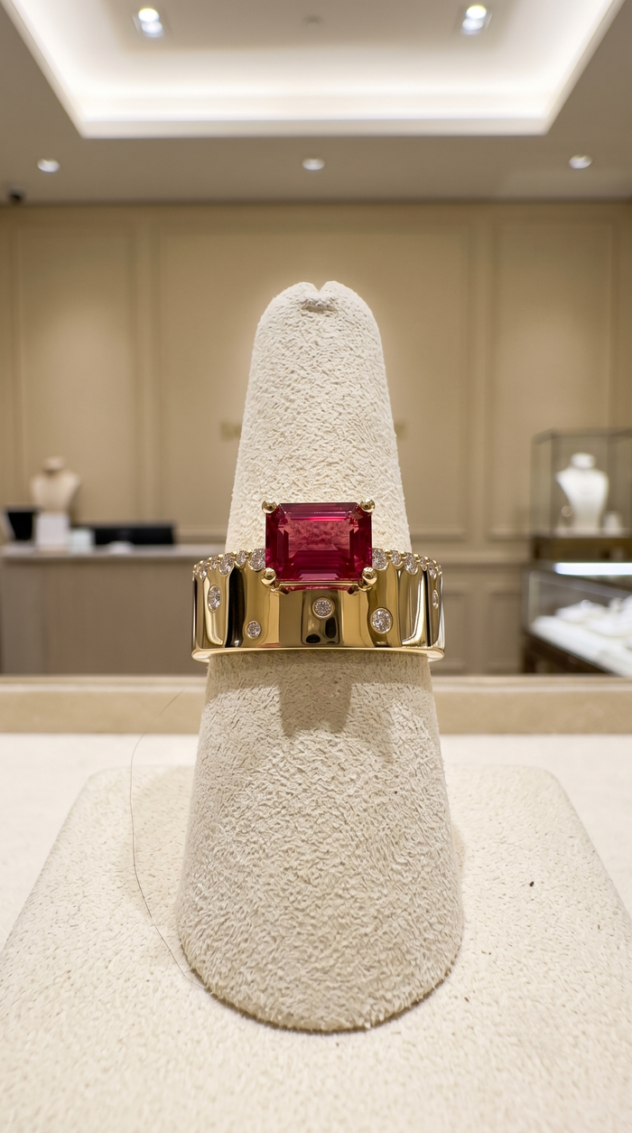 Emerald-Cut Pink Tourmaline Diamond Ring in 14K Yellow Gold