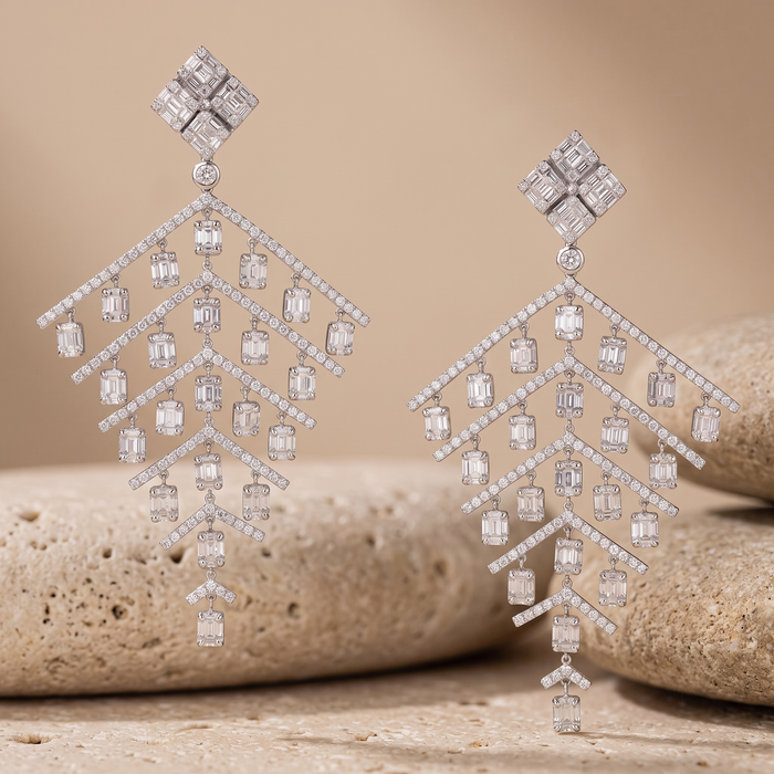 Round Diamonds Chandelier Earrings in 18K White Gold