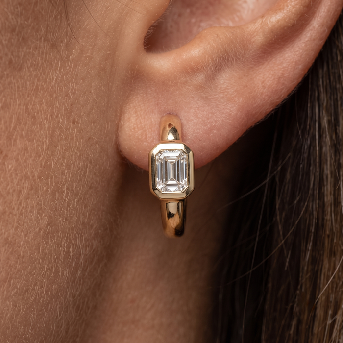 Bezel Emerald Diamond Mini Hoop Earrings in 14K Yellow Gold