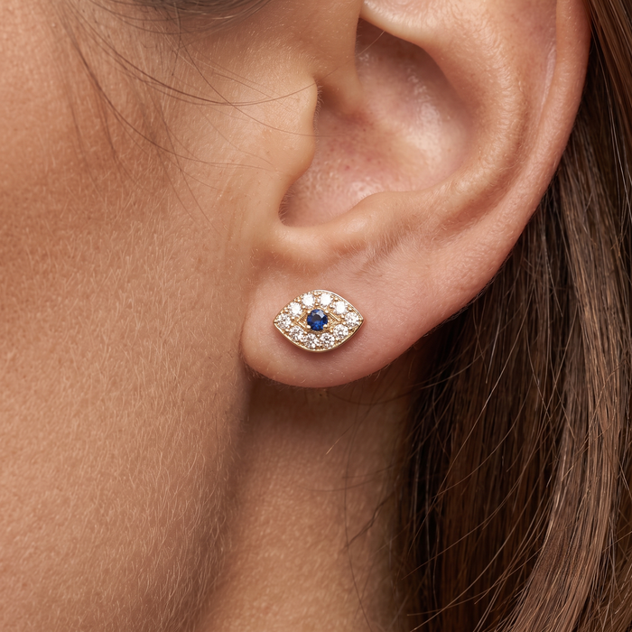 Unique Sapphire Diamond Stud Earrings in 14K Yellow Gold