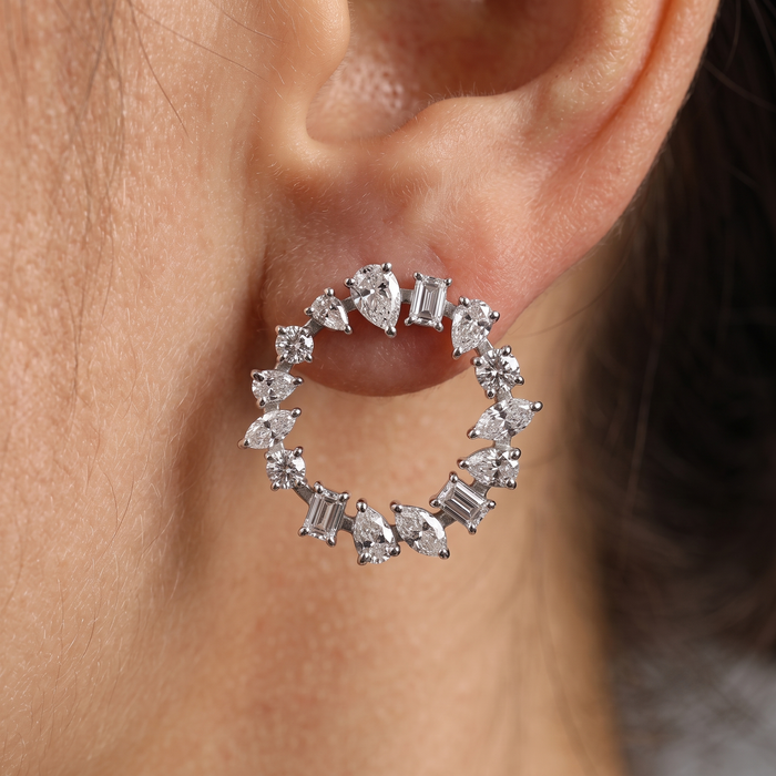 Radiant Cluster Mixed Diamonds Circle Earrings in 18K White Gold