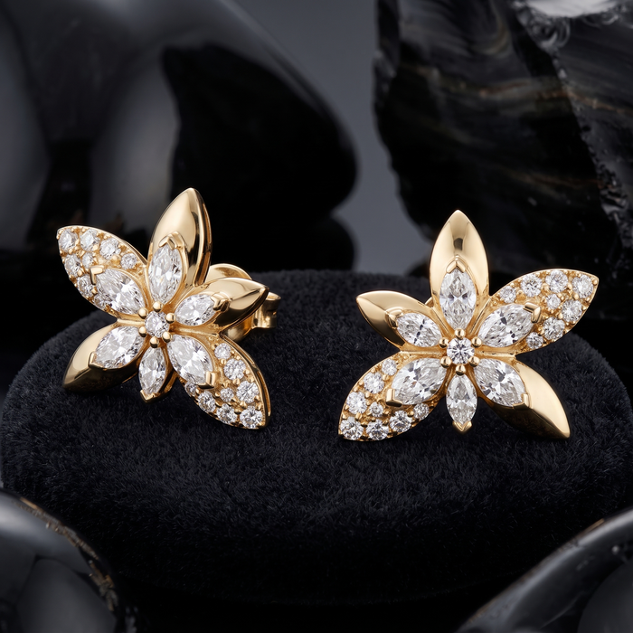 Marquise Diamond Five Petal Flower Stud Earrings in 14K Yellow Gold