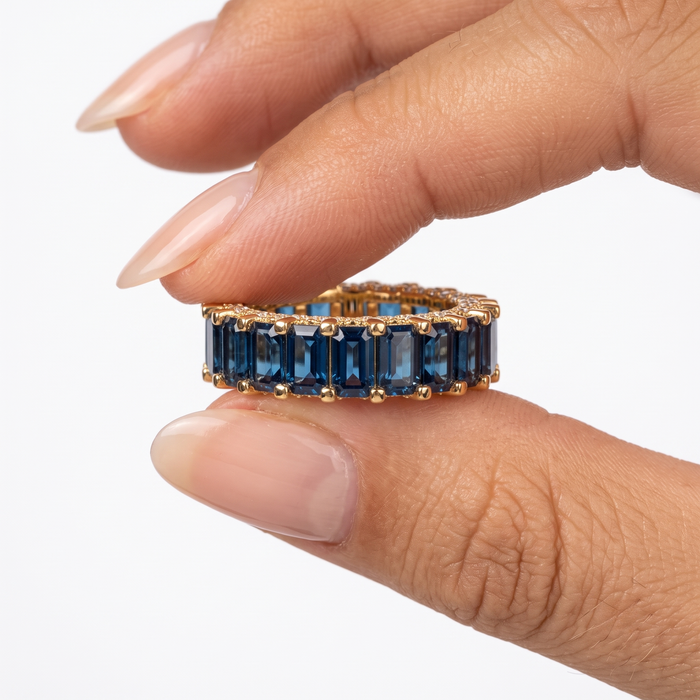 Emerald-Cut Royal Blue Sapphire Eternity Ring in 14K Yellow Gold