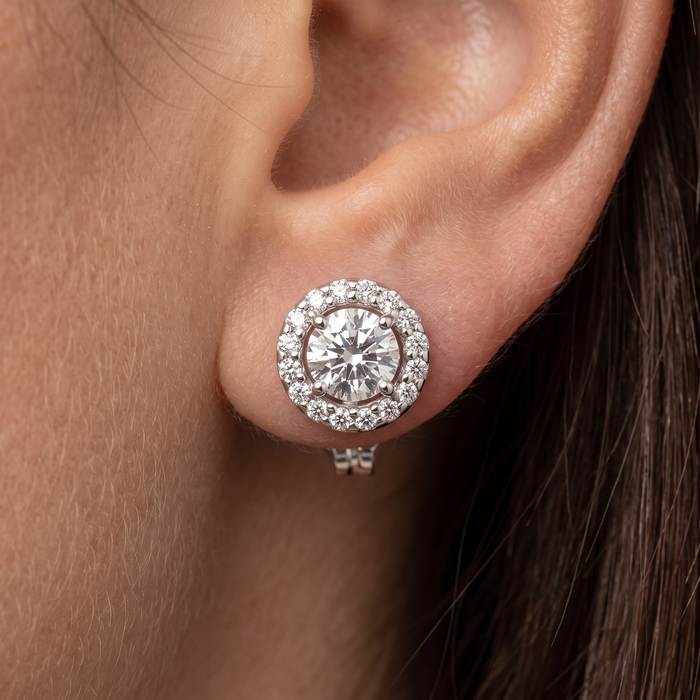 Round Cut Baguette Diamond Earrings in 14K White Gold