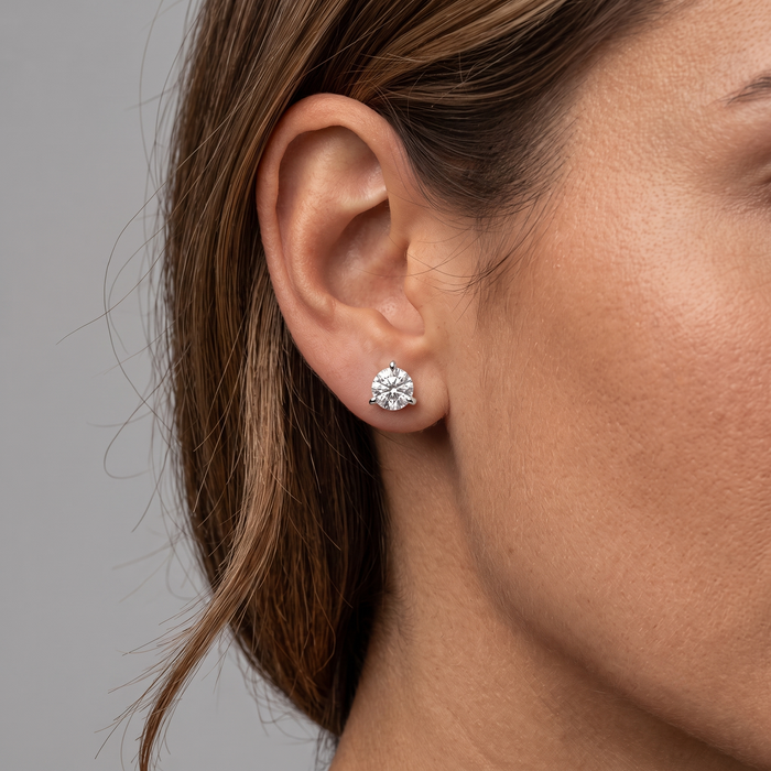 Three Prong Martini Push Back Diamond Stud Earrings in 14K Gold