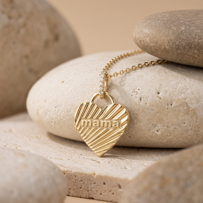 Dazzling Heart Shape Mama Necklace in 14K Gold