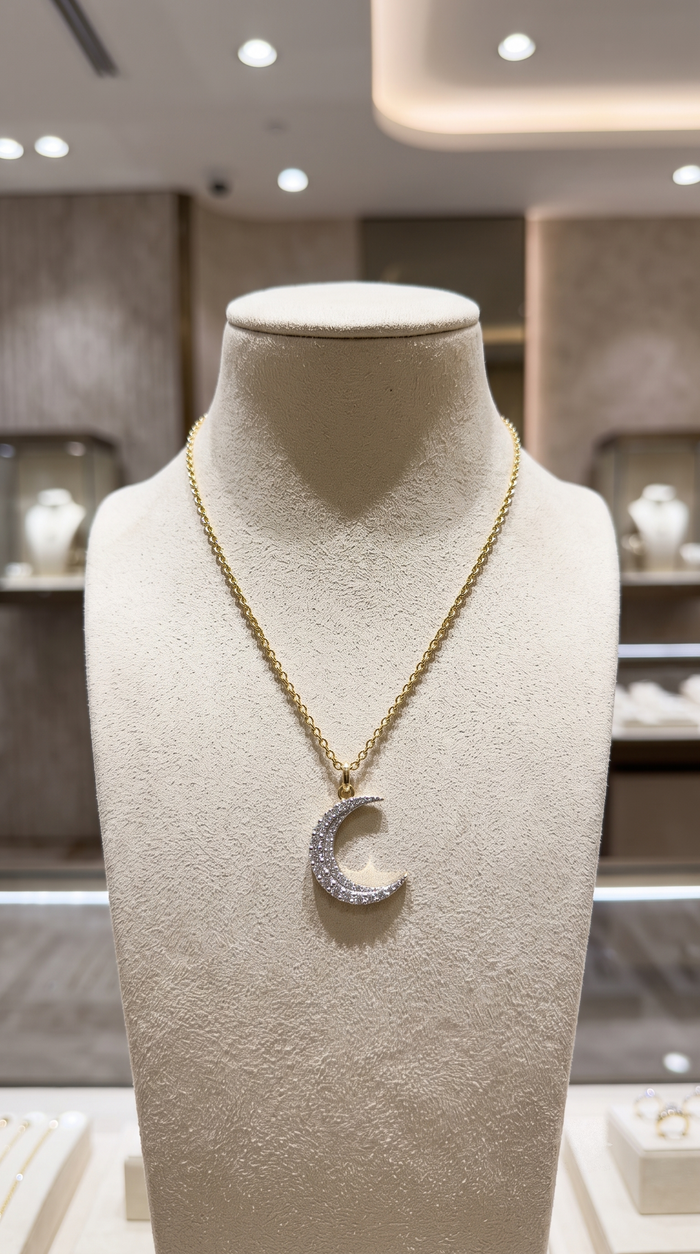 Brilliance Half Moon Pendant Necklace in 14K Yellow Gold