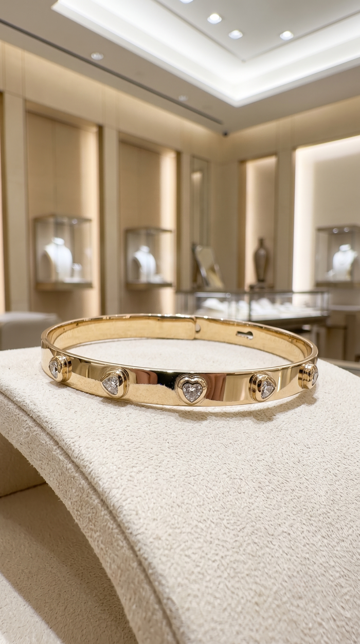 Heart Cut Diamond Studded Bangle Bracelet in 14K Yellow Gold