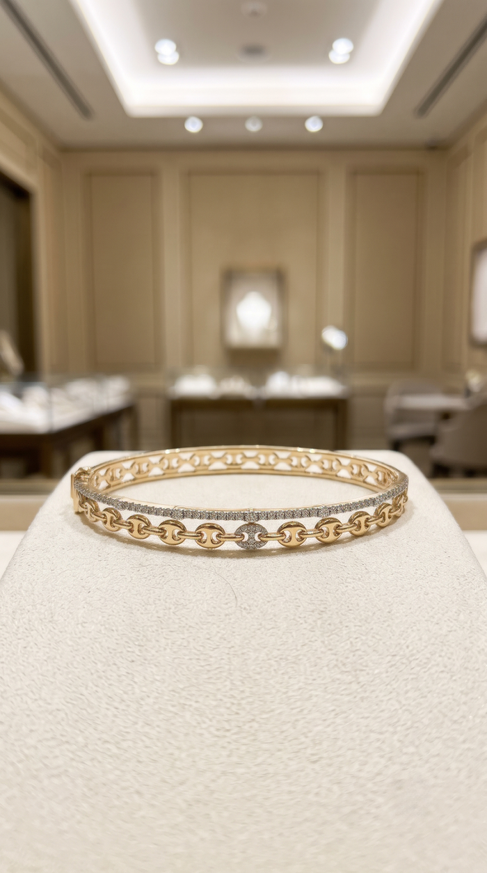 Motif Bangle Chain Diamond Pave Bracelet in 14K Gold