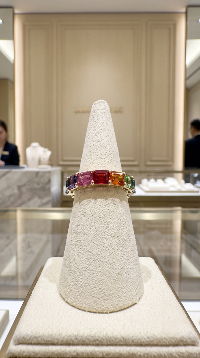 Colorful Sapphire Baguette 14K Gold Eternity Ring