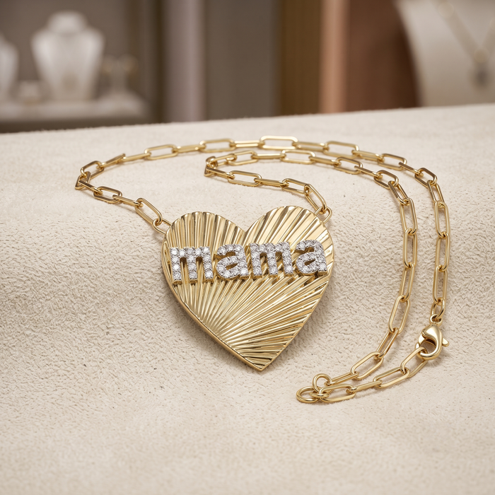Abrasion Heart Shape 20Mm Mama Necklace in 14K Gold
