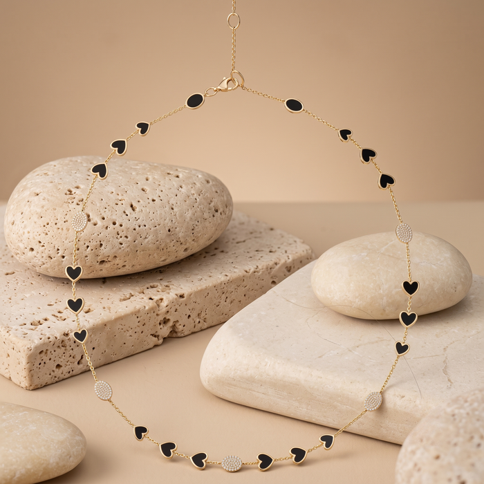 Diamond Black Enamel Station Necklace in 14K Yellow Gold