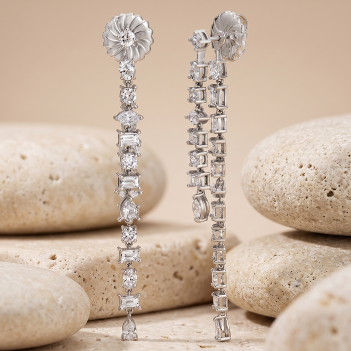 Multi Cut Diamond Drop Chandelier Earrings in 18K White Gold