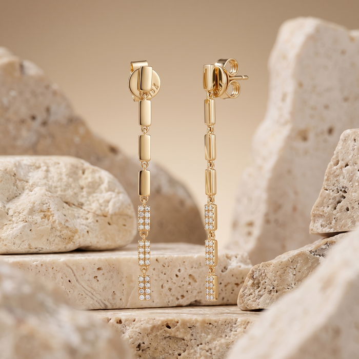 Linear Luxe 14K (or 18k upon request) Yellow Gold Diamond Drop Earrings