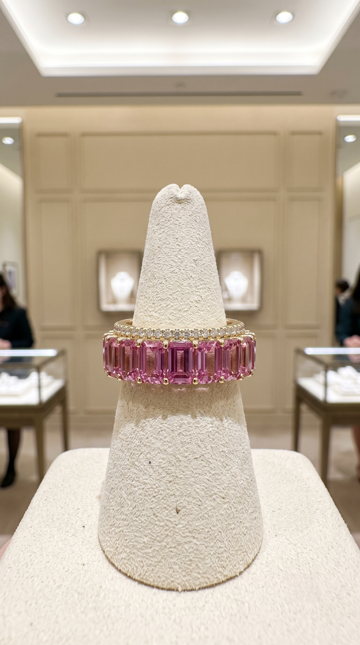 Exquisite Pink Sapphire Diamond 14K Gold Eternity Band Ring
