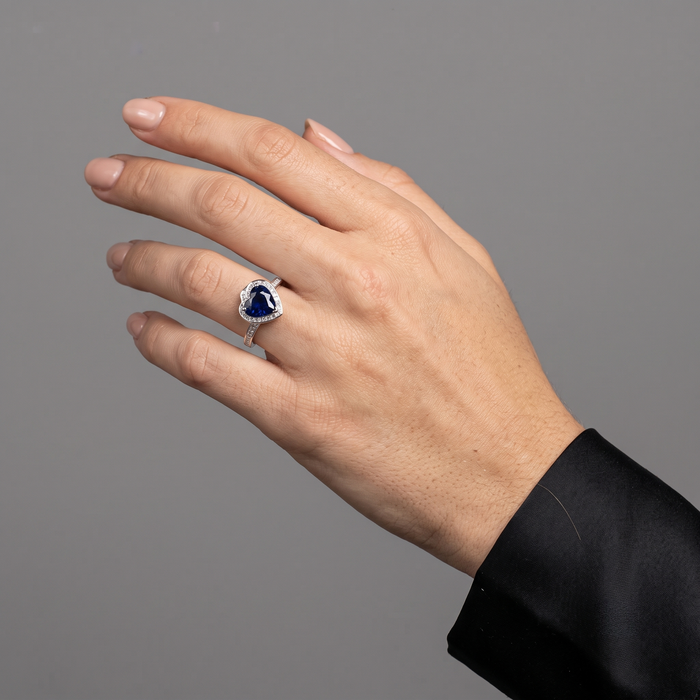 Heart-Cut Blue Sapphire Diamond Halo Ring in 14K White Gold