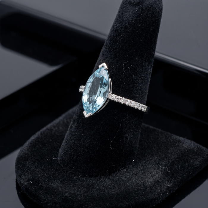 Marquise Aquamarine 14K (18K Custom) Diamond Accent Ring