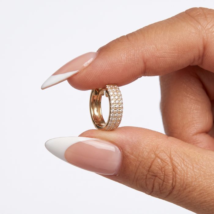 Triple Row Diamond Pavé Huggie Earrings in 14K Yellow Gold