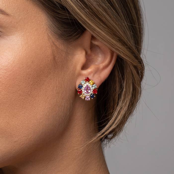 Multi-Sapphire Diamond Stud Earrings in 14K Yellow Gold