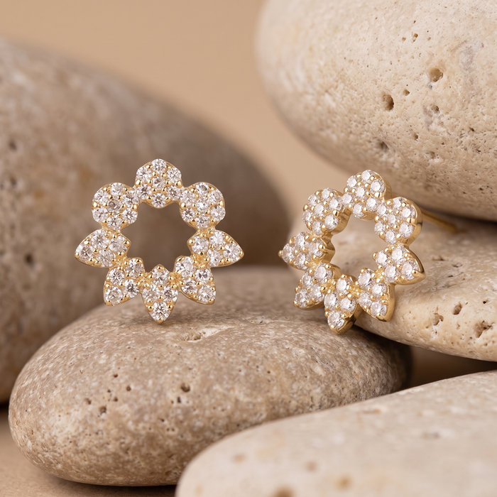 Pave Diamond Open Floral Stud Earrings in 14K Yellow Gold