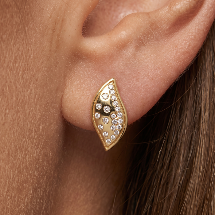 Leaf Shape Diamond Studs Earrings in 14K Yellow Gold