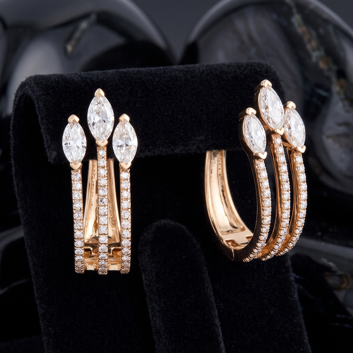 Triple Marquise Crown Diamond Hoop Earrings in 14K Yellow Gold