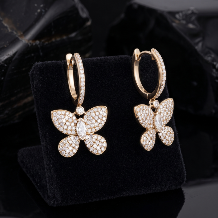 Marquise Center Pave Butterfly Drop Earrings in 14K Yellow Gold