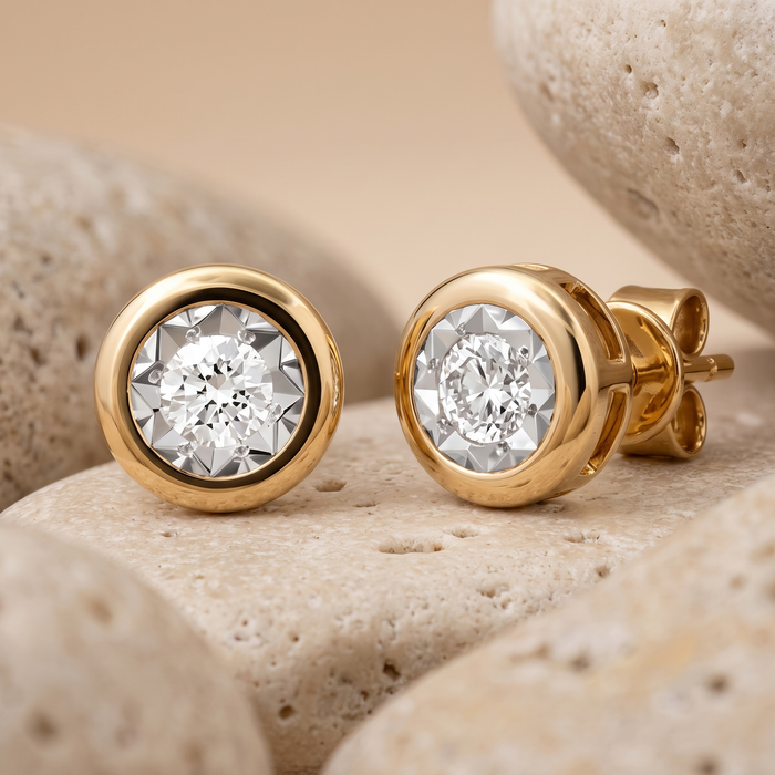 Two Round Diamond Stud Earrings in 14K Yellow Gold