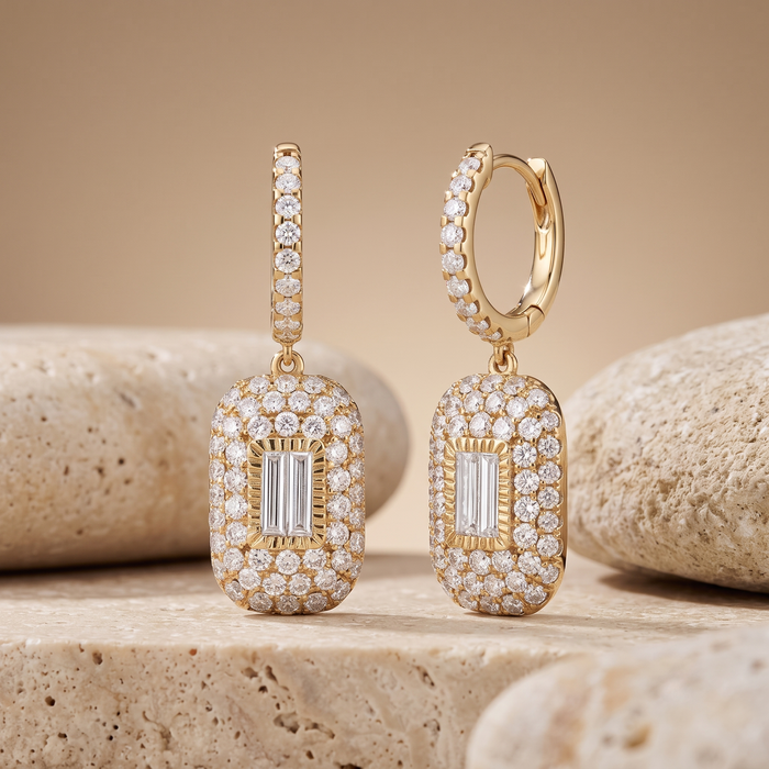 Baguette Round Cut Rectangle Drop Earrings in 14K Gold