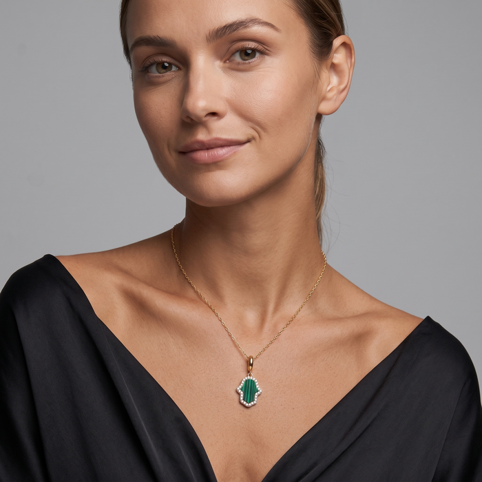 Malachite Hamsa Pendant Diamond Necklace in 14K Yellow Gold