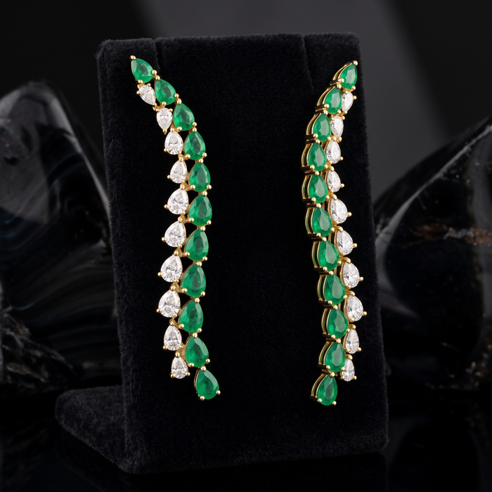 Emerald Diamond Leaf Curve Drop Earrings in 14K Yellow Gold