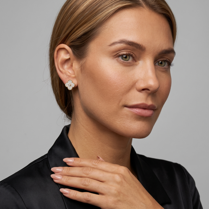 Radiant Pave Diamond Flower Stud Earrings in 14K Gold